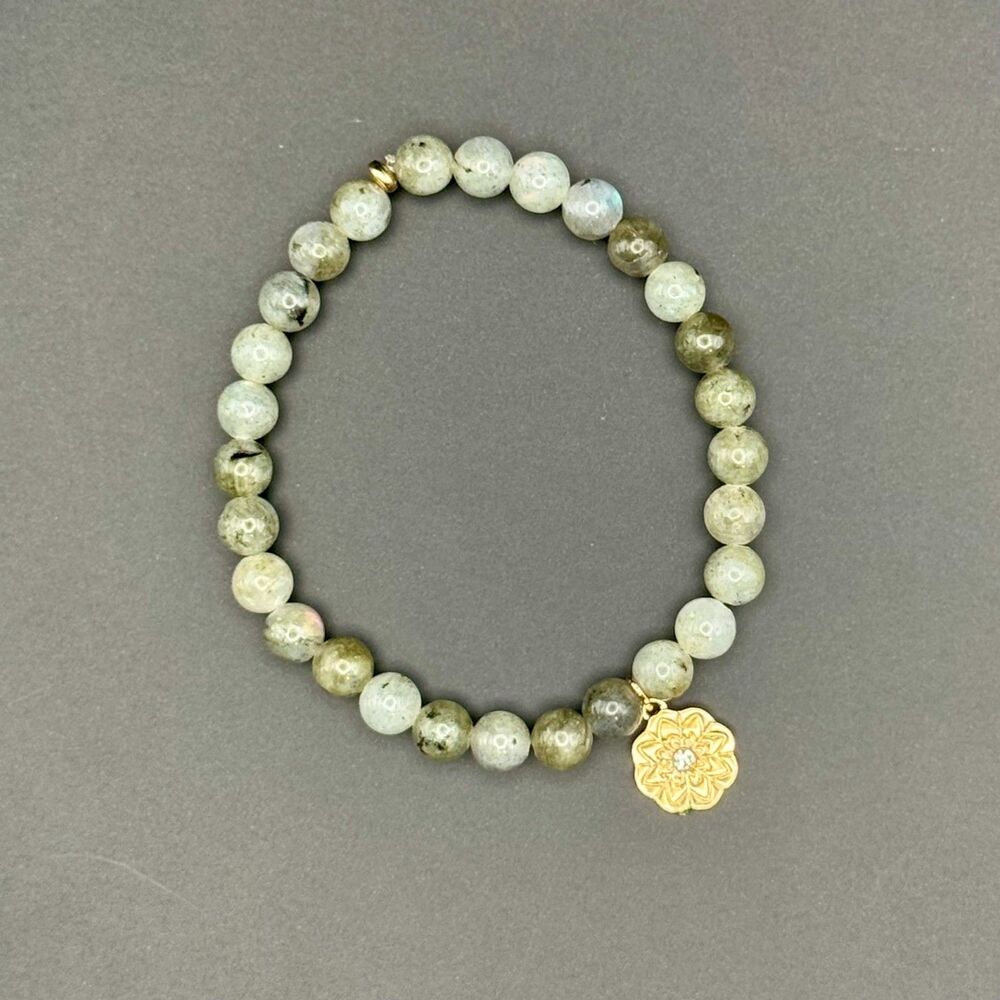 NWT Semi-Precious Labradorite Beads and Mandala Stretch Bracelet - Gray NEW